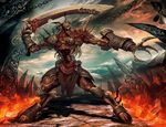  bandages belt blade bone chain chaos_(warhammer) claws cloud dark_skin demon fire gauntlets genzoman gloves glowing glowing_eyes hooves horns knee_pads loincloth monster mountain muscle no_humans nurgle open_mouth organs ribs skeleton skull sky solo spikes spine sword teeth warhammer_40k weapon 
