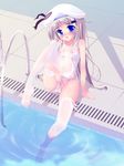  blue_eyes blush covered_navel drain_(object) fang flat_chest highres kud_wafter little_busters! long_hair natsumiya_yuzu navel nipples noumi_kudryavka one-piece_swimsuit pool poolside pussy school_swimsuit see-through silver_hair sitting soaking_feet solo swimsuit swimsuit_aside swimsuit_pull thighhighs wet wet_clothes white_legwear white_school_swimsuit white_swimsuit 
