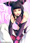  :p belt black_hair bracelet character_name detached_sleeves drill_hair dudou fingerless_gloves gloves halter_top halterneck han_juri jewelry kei-suwabe muscle navel pants pink_background red_eyes sitting smile solo spiked_bracelet spikes strapless street_fighter street_fighter_iv_(series) tongue tongue_out tubetop twin_drills 