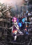  aircraft airplane artificial_wings building cannon coat fighter_jet glowing hairband highres jet military military_vehicle original pink_eyes pink_hair shirt short_hair skirt skyline skyscraper smog solo sparks taharu_kousuke thighhighs wings zettai_ryouiki 