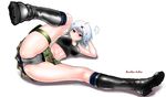  1girl bad_id bad_pixiv_id blue_hair breasts camouflage covered_nipples eyewear_on_head glasses grey_panties hand_in_hair head_rest highres holster indoshiki kagyuu_juubei large_breasts leg_up lying midriff nejimaki_kagyuu panties red_eyes short_hair skirt solo spoken_ellipsis spread_legs suspenders thigh_holster thigh_strap underwear 