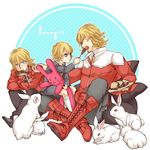  bad_id bad_pixiv_id barnaby_brooks_jr blonde_hair blue_eyes boots bunny cake child eating feeding food fork glasses hitachi jacket jewelry kneehighs male_focus multiple_boys necklace necktie plate red_eyes red_jacket shorts sitting stuffed_animal stuffed_bunny stuffed_toy teenage tiger_&amp;_bunny time_paradox too_many too_many_bunnies younger 
