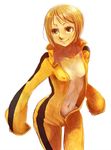  bad_id bad_pixiv_id blonde_hair bodysuit breasts bruce_lee's_jumpsuit cleavage green_eyes huang_baoling jumpsuit maruboku medium_breasts open_clothes open_shirt orange_bodysuit shirt short_hair solo tiger_&amp;_bunny 
