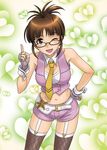  akizuki_ritsuko bare_shoulders breasts brown_eyes brown_hair cleavage fingerless_gloves garter_straps glasses gloves heart hida_tatsuo idolmaster idolmaster_(classic) idolmaster_2 medium_breasts midriff necktie one_eye_closed open_mouth short_shorts shorts smile solo thighhighs wrist_cuffs 