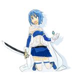  blue_eyes blue_hair cape gloves highres magical_girl mahou_shoujo_madoka_magica midriff miki_sayaka navel niku-name see-through short_hair skirt solo soul_gem tears thighhighs wet 