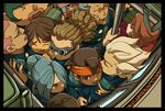  &gt;_&lt; 6+boys blue_hair brown_eyes brown_hair closed_eyes domon_asuka endou_mamoru goggles gouenji_shuuya hair_over_one_eye handa_shin'ichi headband ichinose_kazuya inazuma_eleven inazuma_eleven_(series) kabeyama_heigorou kazemaru_ichirouta kidou_yuuto matsuno_kuusuke miman_(ramblecat) multiple_boys one_eye_closed open_mouth pink_hair pleated_skirt raimon_natsumi red_eyes short_hair silver_hair skirt someoka_ryuugo tan 