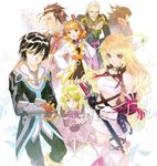  4girls ahoge alvin_(tales) black_hair blonde_hair brown_hair cravat doll dress elize_lutus fujishima_kousuke gaius_(tales) gauntlets gradient_hair green_eyes inomata_mutsumi jude_mathis leia_rolando milla_maxwell multicolored_hair multiple_boys multiple_girls muzet_(tales) official_art red_eyes rowen_j._ilbert skirt strapless tales_of_(series) tales_of_xillia teepo_(tales) tubetop white_background white_hair yellow_eyes 