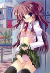  absurdres blush bra breasts brown_hair cameltoe clothed_masturbation exhibitionism fingering fingering_through_clothes fingering_through_panties highres hinamidori_chiwa lingerie masturbation mouth_hold nipples panties pink_panties plaid pochi_to_goshujin-sama public_masturbation purple_eyes pussy_juice pussy_juice_drip pussy_juice_stain pussy_juice_trail road shirt_lift skirt skirt_lift solo street tartan thighhighs through_clothes through_panties tsurugi_hagane underwear voyeurism wet_panties zettai_ryouiki 