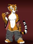  chinese_clothing chopsticks dumpling feline female kung_fu_panda mammal master_tigress nipples plain_background pussy red red_background solo tiger undressing yiffmasters 