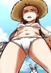  antenna_hair bikini brown_eyes brown_hair cloud day from_below hat hot idolmaster idolmaster_(classic) long_hair minase_iori navel open_mouth sky solo straw_hat stuffed_animal stuffed_bunny stuffed_toy sun_hat sweat swimsuit ttomm 