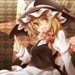  blonde_hair bow braid brown_eyes checkered checkered_background hair_bow hat kirisame_marisa long_hair open_mouth scarf shirayuki_mutsumi solo star touhou upper_body witch_hat yellow_eyes 