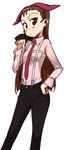  blush brown_eyes brown_hair hairband hand_on_hip idolmaster idolmaster_(classic) jacket_over_shoulder long_hair minase_iori necktie simple_background solo suspenders ttomm very_long_hair 