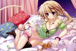  absurdres barefoot beads bed black_legwear blonde_hair blush bracelet breasts candy cat cleavage copyright_request crescent food heart heart_print highres izumi_tsubasu jewelry leg_garter medium_breasts navel necklace no_shoes on_bed panties pillow purple_eyes single_thighhigh smile solo star star_print striped striped_panties stuffed_animal stuffed_cat stuffed_toy thighhighs underwear 
