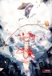  arm_up arrow bow_(weapon) building dhiea flower gloves highres kaname_madoka magical_girl mahou_shoujo_madoka_magica pink_eyes pink_hair rose short_hair twintails walpurgisnacht_(madoka_magica) weapon white_gloves 