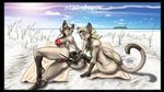  anthro beach bikini blonde_hair blue_eyes blush breasts butt cat clothed clothing duo erect_nipples exizt feline female green_eyes hair knife mammal nipples pussy sand seaside skimpy swimsuit tight_clothing withe 