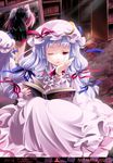  absurdres book bookshelf bow candle chin_rest crescent dress hair_bow hat highres koakuma long_hair mirror multiple_girls namamo_nanase one_eye_closed patchouli_knowledge purple_hair red_eyes reflection touhou wings 