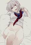  :p accelerator albino bad_id bad_pixiv_id bare_legs bed_sheet bottomless flower genderswap genderswap_(mtf) hair_flower hair_ornament head_tilt lowres lying neckerchief on_back oppaisagara pillow red_eyes school_uniform serafuku short_hair solo suzushina_yuriko to_aru_majutsu_no_index tongue tongue_out white_hair 