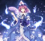  asu_hare bad_id bad_pixiv_id blush cherry_blossoms fan folding_fan hat hitodama japanese_clothes petals pink_eyes pink_hair saigyouji_yuyuko shippou_(pattern) short_hair smile solo touhou triangular_headpiece 