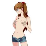  alternate_breast_size blue_eyes breast_grab brown_hair collarbone covering covering_nipples cutoffs deep_skin denim denim_shorts flat_chest flat_chest_grab grabbing hands long_hair looking_away mebae navel neon_genesis_evangelion open_clothes open_shorts shikinami_asuka_langley shorts simple_background solo souryuu_asuka_langley standing stomach topless unzipped 