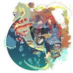  bad_id bad_pixiv_id barefoot book book_stack closed_eyes fish fujimoto_(ponyo) gake_no_ue_no_ponyo long_hair male_focus nshi red_hair seahorse solo striped vertical_stripes wavy_hair 