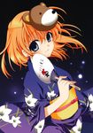  absurdres bear blue_eyes blue_kimono fan festival floral_print highres higurashi_no_naku_koro_ni japanese_clothes kimono mask orange_hair paper_fan ryuuguu_rena short_hair solo suzuragi_karin uchiwa yukata 