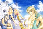  black_hair blonde_hair blue_eyes blue_hair cloud day god greek_mythology green_eyes hades kaori_natsuki long_hair male_focus multiple_boys mythology polearm poseidon_(mythology) red_eyes smile traditional_media trident weapon zeus 