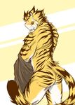  anthro biceps blush butt clothing ear_piercing facial_markings feline kokuhane looking_at_viewer male mammal markings muscles nude piercing plain_background shirt solo stripes tiger undressing yellow_eyes yellow_theme 