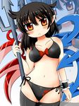  bad_id bad_pixiv_id bikini black_hair black_legwear collarbone highres houjuu_nue motsu_(selshia12) navel orange_eyes pointy_ears polearm short_hair side-tie_bikini solo swimsuit thighhighs touhou trident weapon wings wrist_cuffs zoom_layer 