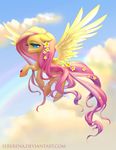  blue_eyes cloud clouds equine female feral flower fluttershy_(mlp) flying friendship_is_magic hair horse insect ladybug mammal my_little_pony pegasus pink_hair pony sererena solo wings yellow_body 
