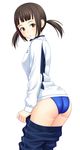  asics ass brown_eyes brown_hair competition_swimsuit copyright_request jacket kuri_(kurigohan) one-piece_swimsuit pants pants_pull pulled_by_self short_hair solo swimsuit swimsuit_under_clothes track_jacket track_pants track_suit twintails undressing 