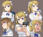  aiming bag blonde_girl_(itou) blonde_hair blue_eyes blush bow character_sheet drink expressions foreshortening gun handgun highres itou_(onsoku_tassha) open_mouth original pistol ponytail product_placement profile red_bull school_bag school_uniform shell_casing short_hair sig_sauer sig_sauer_p226 simple_background smile upper_body weapon 