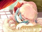  bed bent_over blue_hair brown_eyes hands hat jitome lying on_bed on_stomach pillow red_eyes remilia_scarlet sleepy solo sunlight touhou wrist_cuffs yana_mori 