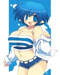  blue_eyes blue_hair blush breasts large_breasts midriff navel open_mouth original pointy_ears sakaki_(noi-gren) short_hair shorts solo striped 