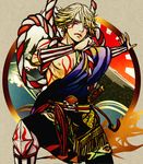  bare_shoulders blonde_hair borscht518 ivan_karelin japanese_clothes katana male_focus origami_cyclone purple_eyes samurai solo superhero sword tiger_&amp;_bunny weapon 