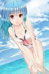  alcohol_(coldfront) alternate_hairstyle bad_id bad_pixiv_id bikini blue_hair breasts cleavage cloud day hands_on_own_knees highres hinanawi_tenshi leaning_forward looking_at_viewer medium_breasts ocean outdoors ponytail red_eyes solo standing swimsuit touhou water 