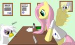  derpy_hooves_(mlp) desk duo equine female feral fluttershy_(mlp) friendship_is_magic gilda_(mlp) gryphon mammal my_little_pony pegasus russian_text teal_eyes text tg-0 the_stare wings workplace 