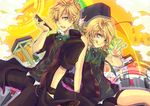 1girl :q bad_id bad_pixiv_id blonde_hair blue_eyes bow bowtie brother_and_sister controller domco famicom game_console kagamine_len kagamine_rin remote_control rimocon_(vocaloid) short_hair siblings smile tongue tongue_out twins vocaloid 