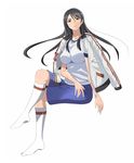  armband bad_id bad_pixiv_id black_hair breasts brown_eyes fukiyose_seiri gym_uniform highres jacket jacket_on_shoulders large_breasts long_hair sitting solo thighhighs to_aru_majutsu_no_index yottsuu 