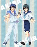  akira_(maskman) blue_hair brown_eyes crossover foreshortening green_hair hikari_sentai_maskman izumi_rion kamen_rider kamen_rider_kiva_(series) male_focus multiple_boys ramon sailor super_sentai watch wristwatch 