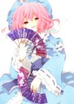  bad_id bad_pixiv_id blue_dress dress dual_wielding fan folding_fan goshoguruma hat hexagon highres holding open_mouth pink_eyes pink_hair s_t_s_(santoushin) saigyouji_yuyuko saigyouji_yuyuko's_fan_design shippou_(pattern) short_hair smile solo touhou 