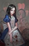  alice:_madness_returns alice_(wonderland) alphonse_(white_datura) arm_grab bad_id bad_pixiv_id black_hair blood bloody_clothes blue_dress dress flower green_eyes jewelry jupiter_symbol knife necklace pendant plant red_flower red_rose rose solo uranus_symbol vines 