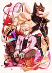  bad_id bad_pixiv_id blonde_hair dual_persona helmet iduhara ivan_karelin jacket letterman_jacket male_focus multiple_boys origami_cyclone paper purple_eyes purple_jacket ribbon shuriken sitting superhero tiger_&amp;_bunny 