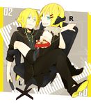  1girl al_(arupaka) aqua_eyes blonde_hair brother_and_sister chair controller famicom game_console game_controller gamepad hair_ornament hairclip headphones headphones_around_neck kagamine_len kagamine_rin remote_control rimocon_(vocaloid) short_hair siblings sitting smile twins vocaloid 
