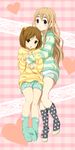  alternate_hairstyle bad_id bad_pixiv_id blonde_hair blue_eyes brown_eyes brown_hair casual extra feet hair_bobbles hair_ornament k-on! kinoshita_shizuka kotobuki_tsumugi long_hair loungewear multiple_girls polka_dot polka_dot_legwear shian_(my_lonly_life.) short_hair side_ponytail socks striped striped_sweater sweater 