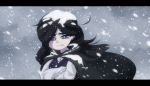  black_cape black_hair blizzard blue_eyes cape clenched_teeth cold commentary crossed_arms english_commentary fake_screenshot francisca_(kirby) highres humanization kirby:_star_allies kirby_(series) littlecloudie long_hair origin_story snow snow_on_head solo spoilers teeth upper_body very_long_hair vest 