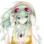  alternate_hair_length alternate_hairstyle face goggles goggles_on_head green_eyes green_hair gumi hands headphones highres short_hair simple_background smile solo sukage upper_body vocaloid wrist_cuffs 