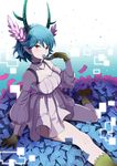  antlers bare_shoulders blue_door blue_hair c_(control) choker detached_sleeves dress eating gloves green_eyes hair_ornament head_wings highres horns midas_money pointy_ears q_(control) red_eyes short_hair sitting solo tongue 