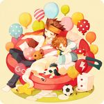  32_(mayama) bad_id bad_pixiv_id ball balloon brown_hair closed_eyes dog endou_mamoru headband inazuma_eleven_(series) inazuma_eleven_go lightning_bolt male_focus matsukaze_tenma multiple_boys older open_mouth raimon sasuke_(inazuma_eleven) sleeping soccer_ball soccer_uniform socks sportswear stuffed_animal stuffed_toy teddy_bear telstar 