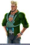  baby babywearing blonde_hair blue_eyes broad_shoulders closed_eyes denim father_and_son good_end guile highres jaimito jeans male_focus manly multiple_boys muscle pacifier pants serious street_fighter watch 