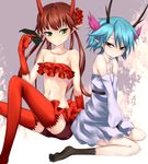  antlers bad_id bad_pixiv_id bare_shoulders bike_shorts blue_hair bob_cut c_(control) dress flower frills green_eyes hair_flower hair_ornament horns keikotsu long_hair looking_back mashu_(control) midas_money money multiple_girls pointy_ears q_(control) red_eyes red_hair short_hair sitting skirt smile strapless thighhighs tubetop twintails wariza 